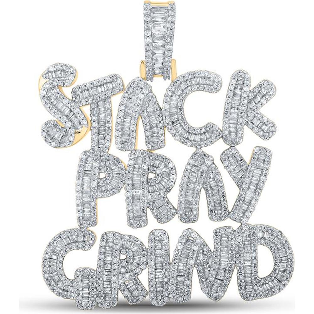 GND 10K Yellow Gold "Stack Pray Grind" Phrase Charm Pendant with 3 Carats of Baguette and Round Diamonds