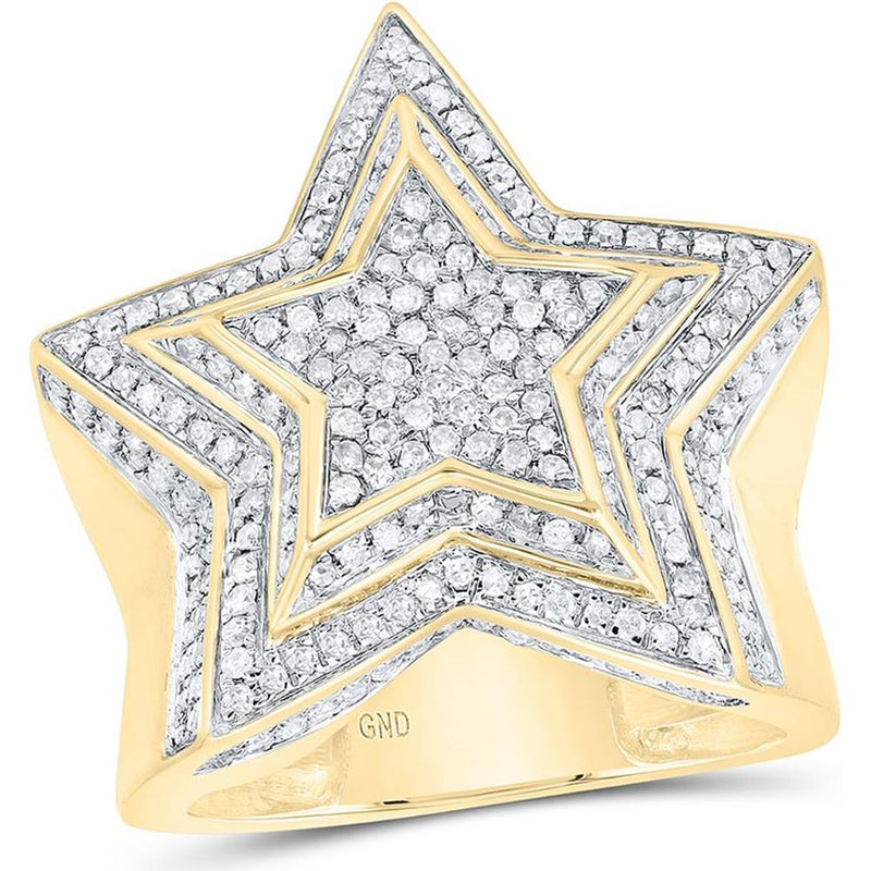 GND 10K Yellow Gold Star Ring with Pave-Set Round Diamonds - 0.90 Carat Total Diamond Weight