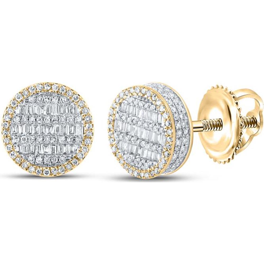 GND 10K Yellow Gold Stud Earrings with Baguette and Round Diamonds in a Circle Design - 1.00 Carat Total Diamond Weight