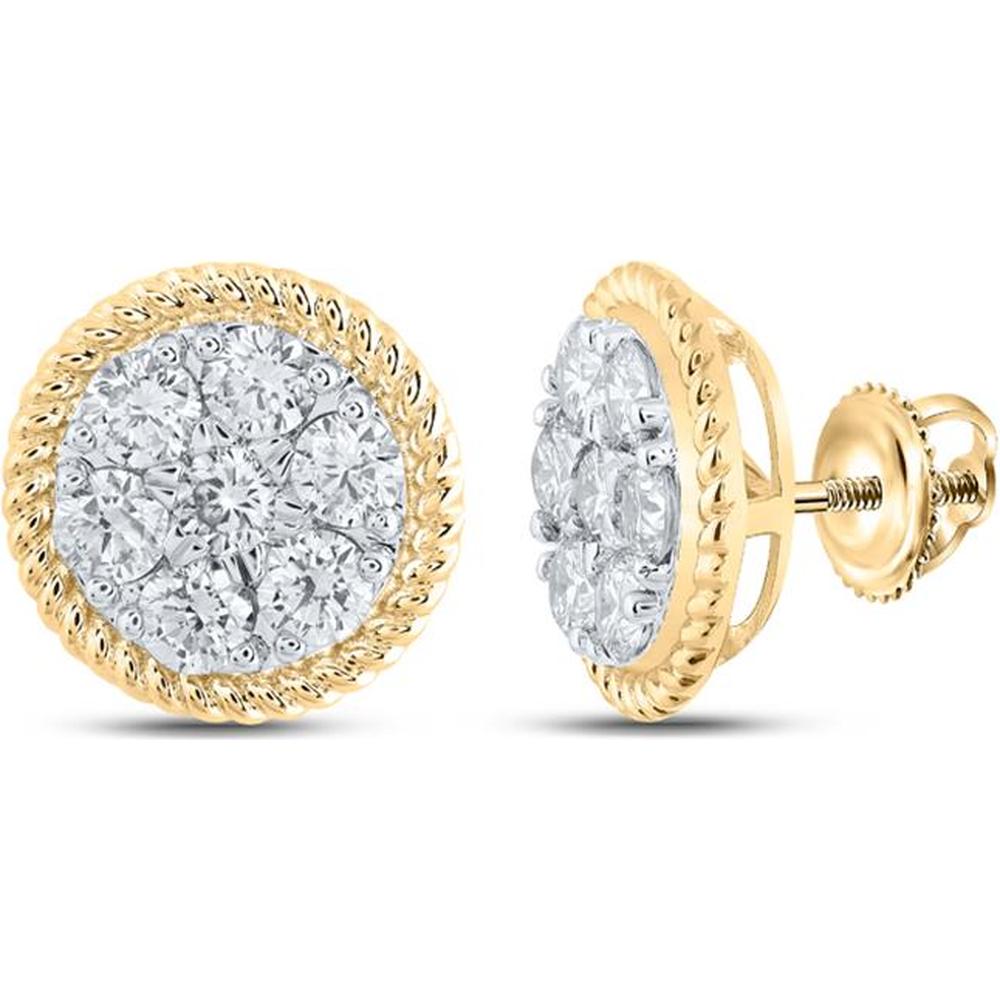 GND 10K Yellow Gold Stud Earrings with Prong-Set Round Diamond Cluster - 1.00 Carat Total Diamond Weight