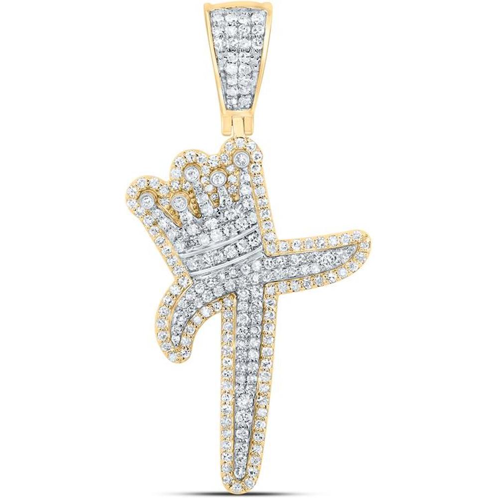 GND 10K Yellow Gold T Crown Letter Charm Pendant with Prong-Set Round Diamonds - 1.00 Carat Total Diamond Weight