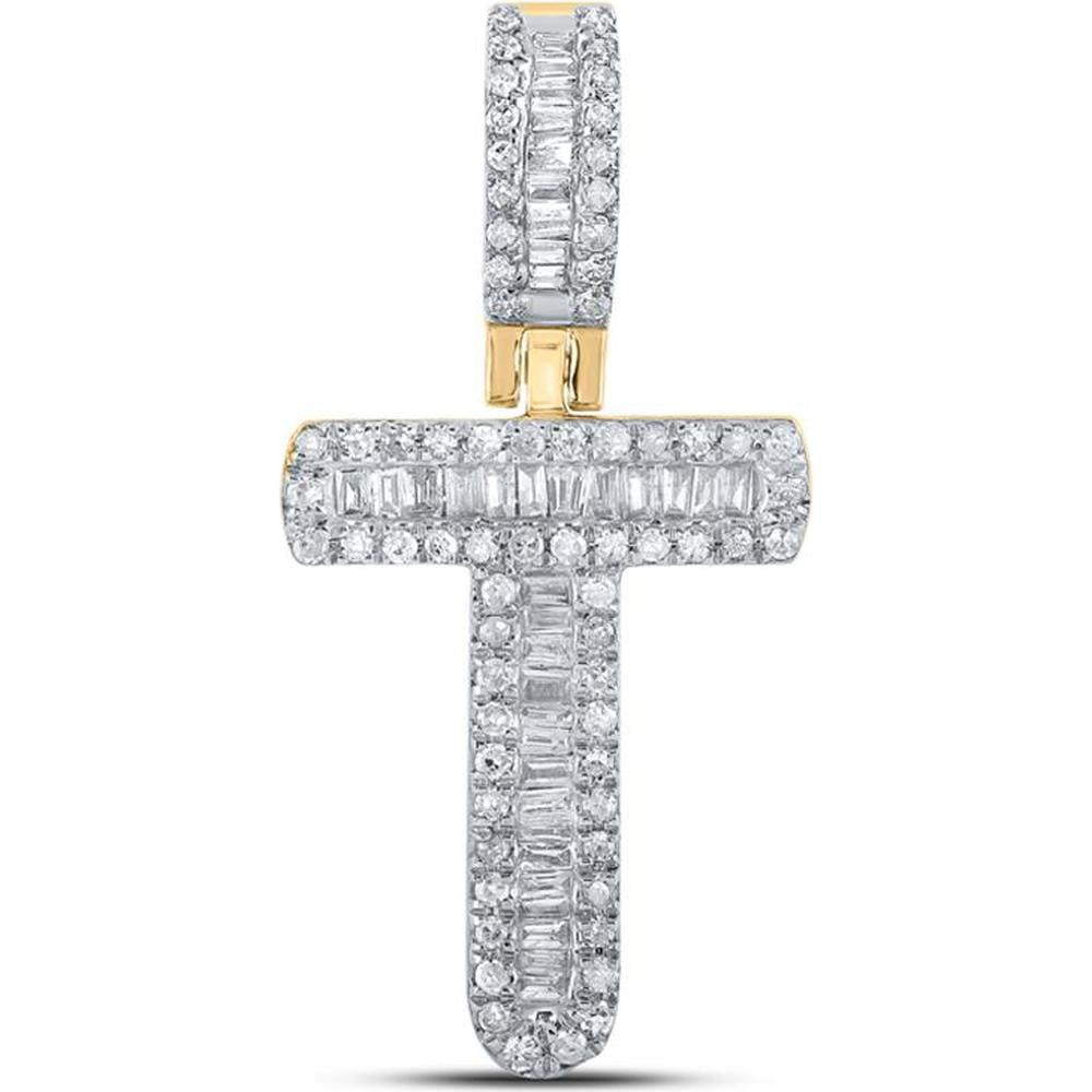 GND 10K Yellow Gold "T" Initial Pendant with Channel-Set Baguette and Pave-Set Round Diamonds - 1/3 Total Carat Weight