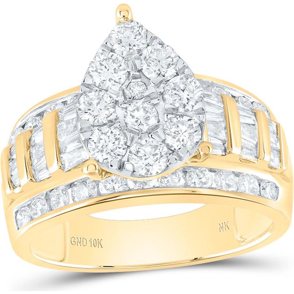 GND 10K Yellow Gold Teardrop Bridal Engagement Ring with Round and Baguette Diamonds - 2 Carat Total Diamond Weight
