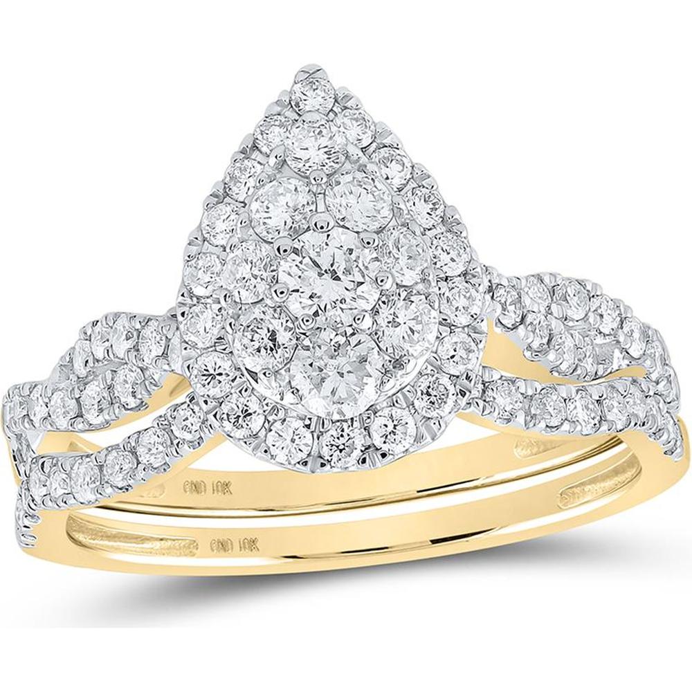 GND 10K Yellow Gold Teardrop Bridal Wedding Ring Set with Prong-Set Round Diamonds - 1.0 Carat Total Diamond Weight