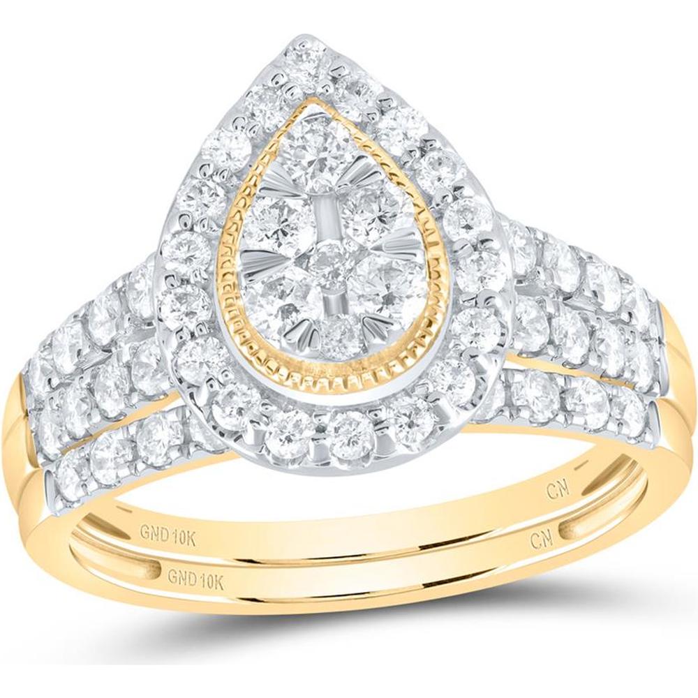 GND 10K Yellow Gold Teardrop Bridal Wedding Ring Set with Prong-Set Round Diamonds - 1 Carat Total Diamond Weight