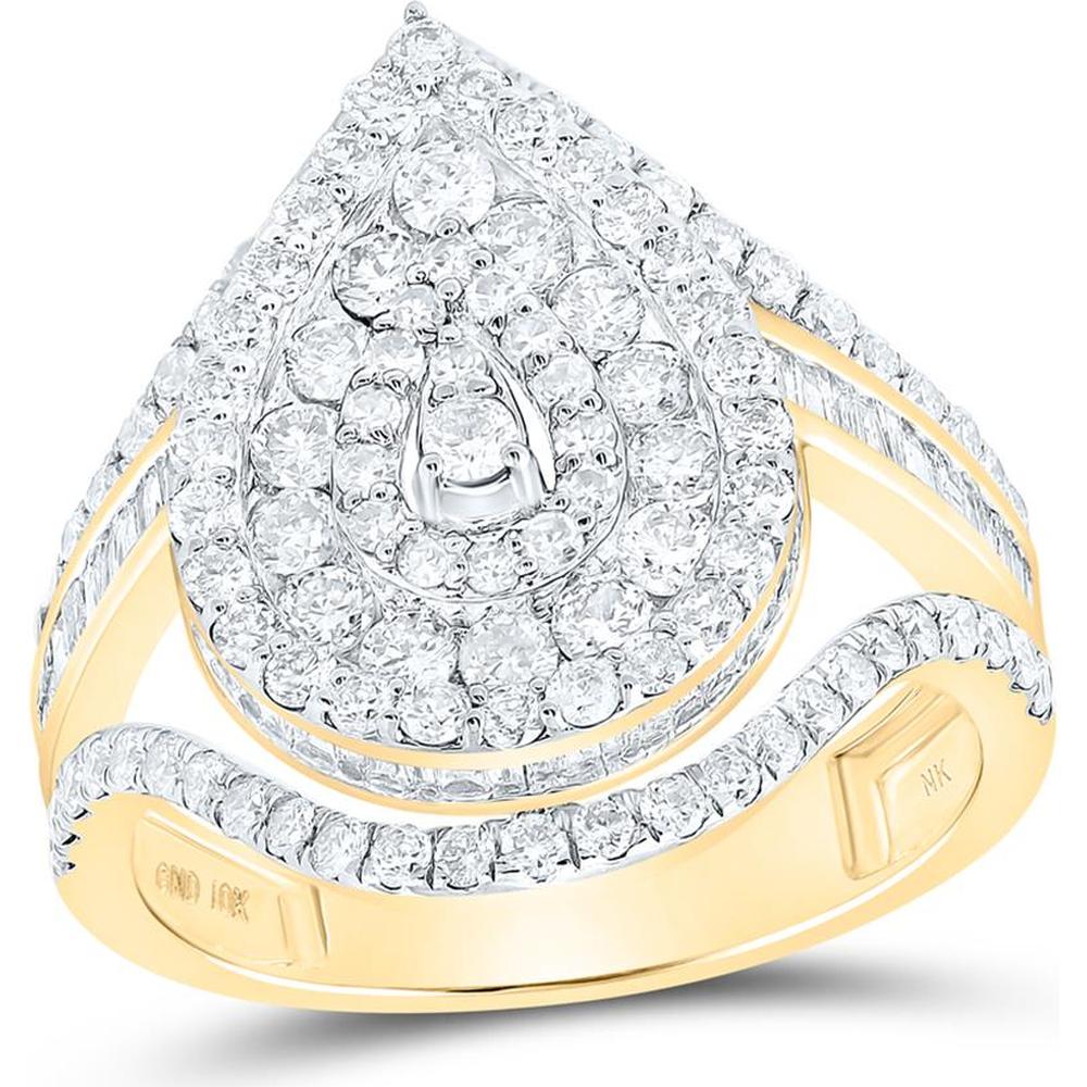 GND 10K Yellow Gold Teardrop Ring with Prong-Set Round Diamonds and Channel-Set Baguette Diamonds - 1-7/8 Total Carat Weight