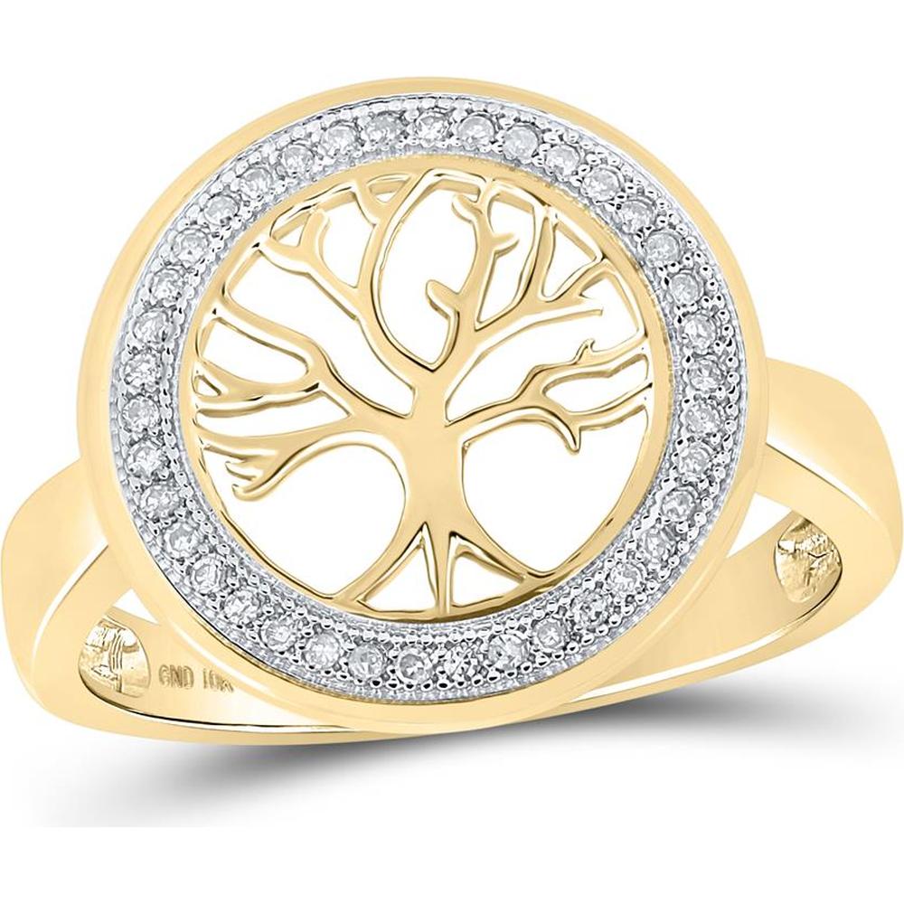 GND 10K Yellow Gold Tree of Life Circle Ring with Pave-Set Round Diamonds - 0.10 Carat Total Diamond Weight