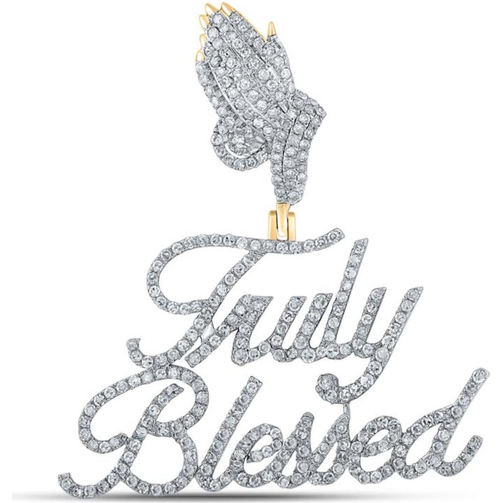 GND 10K Yellow Gold "Truly Blessed" Phrase Pendant with Pave-Set Round Diamonds - 1.02 Carat Total Diamond Weight