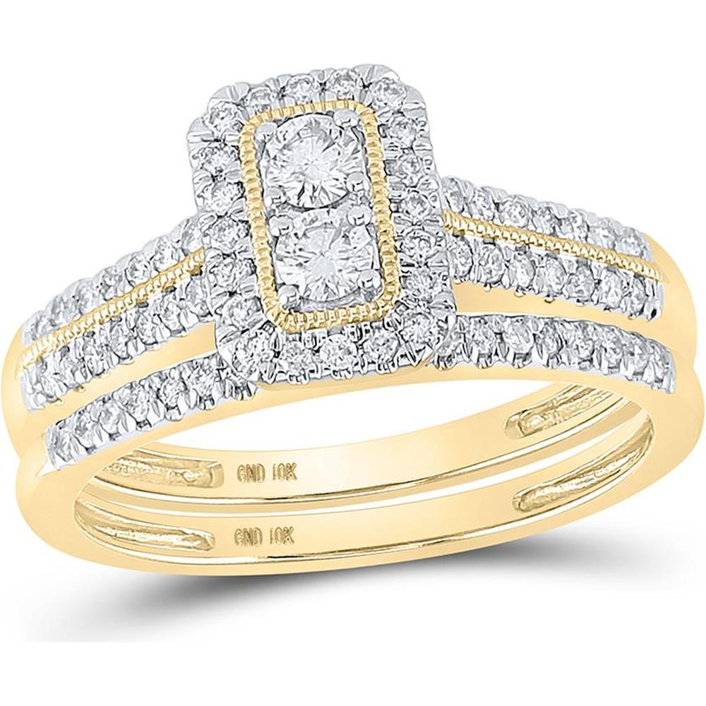 GND 10K Yellow Gold Two-Stone Bridal Wedding Ring Set with Double Halo Round Diamonds - 1/2 Carat Total Diamond Weight