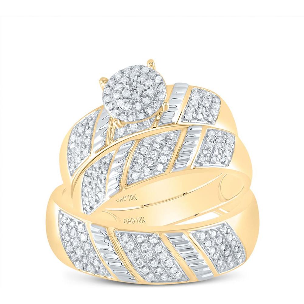 GND 10K Yellow Gold Two-Tone Round Diamond Cluster Matching Wedding Ring Set - 1/2 Carat Total Diamond Weight