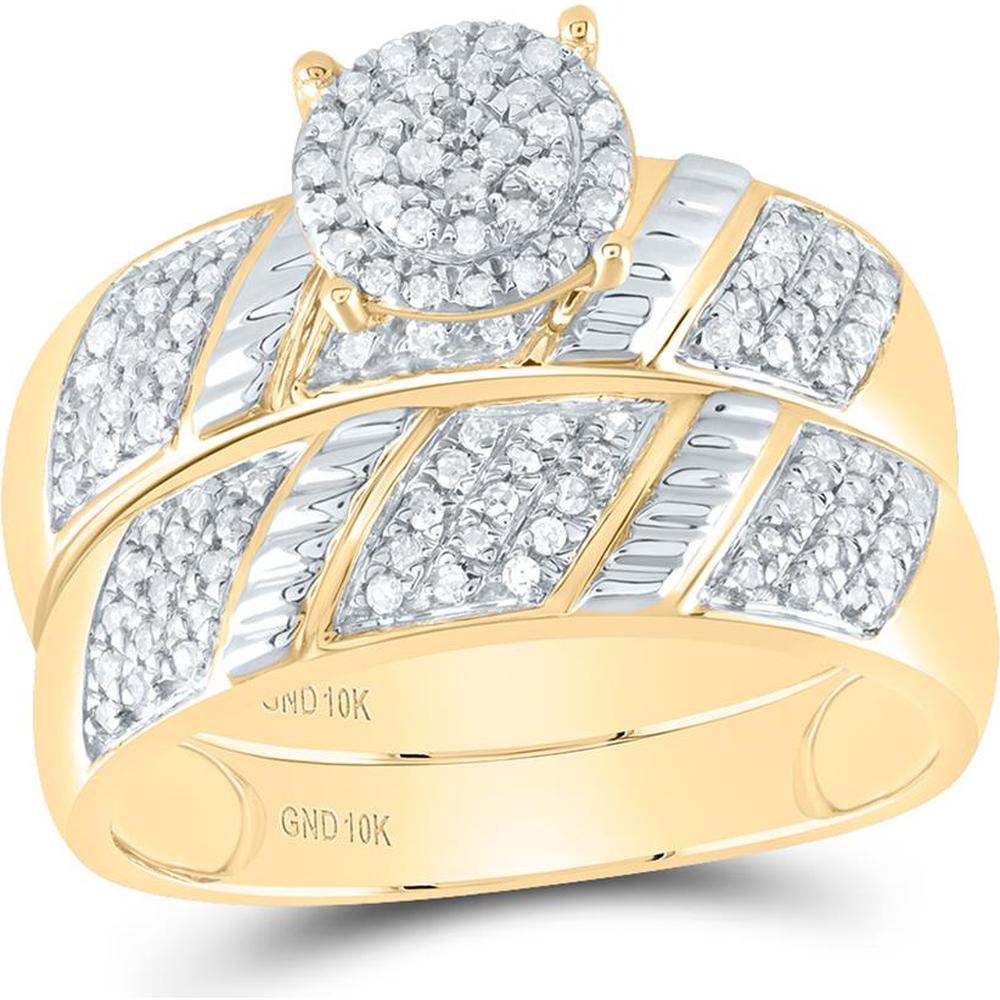 GND 10K Yellow Gold Two-Tone Round Diamond Cluster Matching Wedding Ring Set - 1/2 Carat Total Diamond Weight