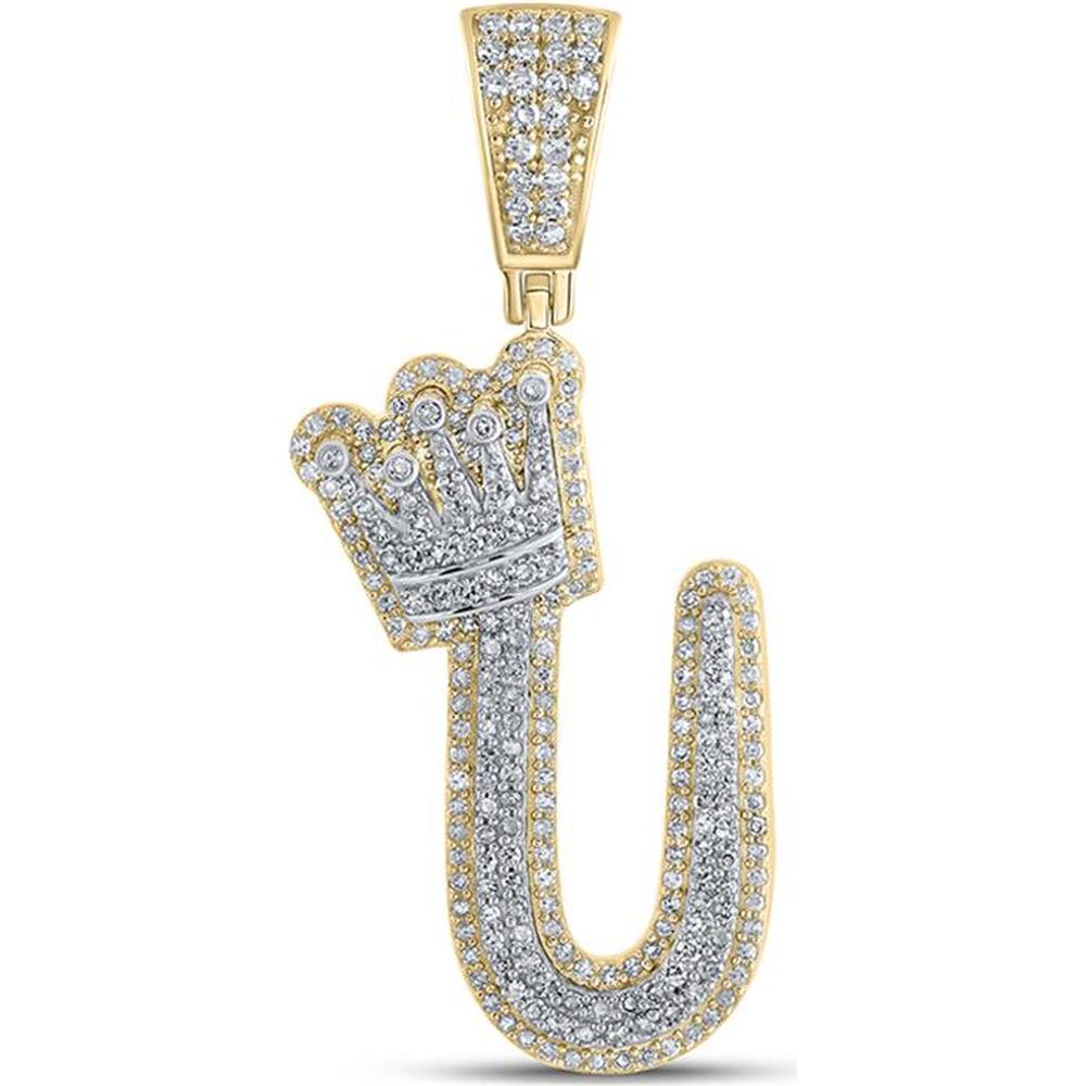 GND 10K Yellow Gold U Crown Letter Pendant with Prong-Set Round Diamonds - 1.01 Carat Total Diamond Weight