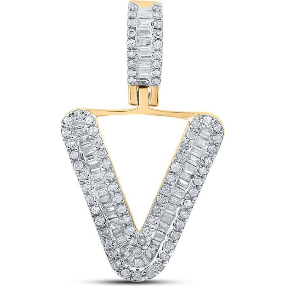 GND 10K Yellow Gold "V" Initial Pendant with Channel-Set Baguette and Pave Round Diamonds - 0.39 Carat Total Diamond Weight