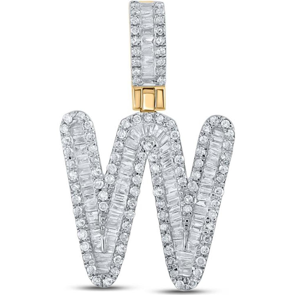 GND 10K Yellow Gold W Initial Pendant with Channel-Set Baguette and Pave-Set Round Diamonds - 0.64 Carat Total Diamond Weight