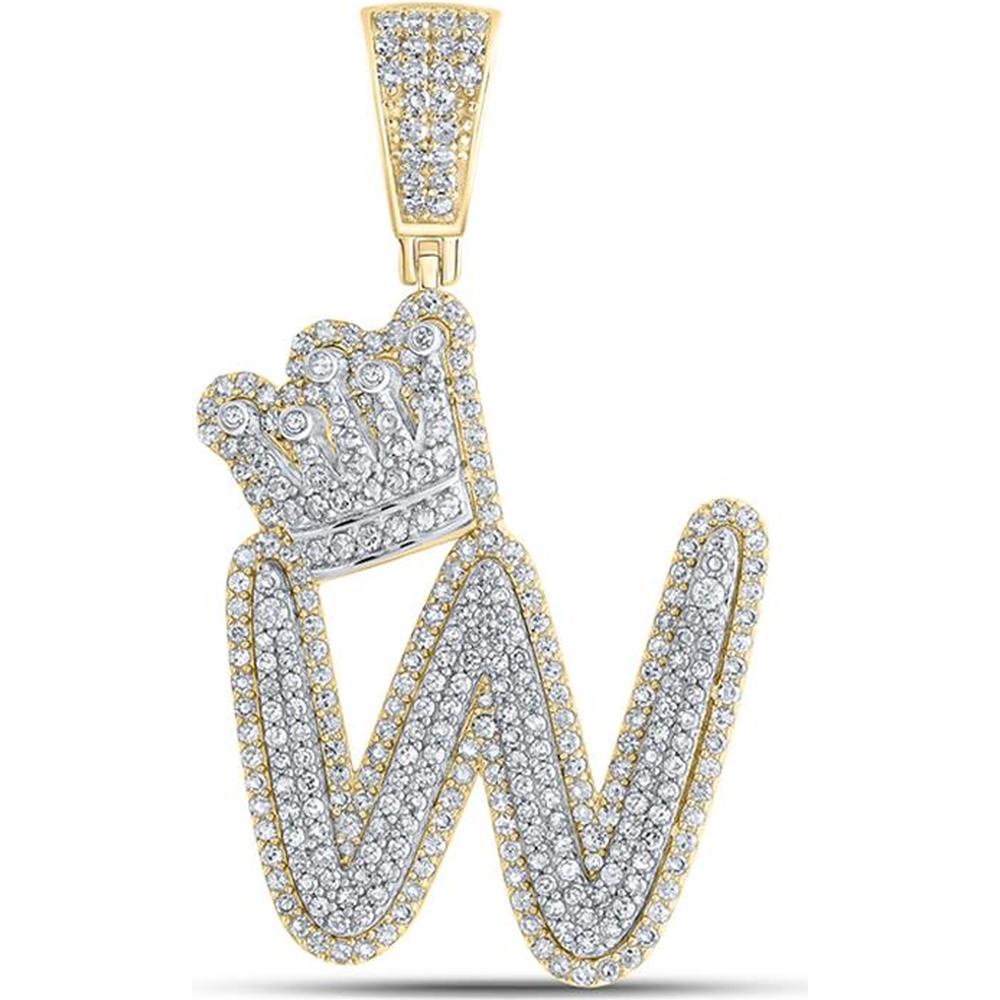 GND 10K Yellow Gold W Letter Charm Pendant with Prong-Set Round Diamonds and Crown Accent - 1.37 Carat Total Diamond Weight