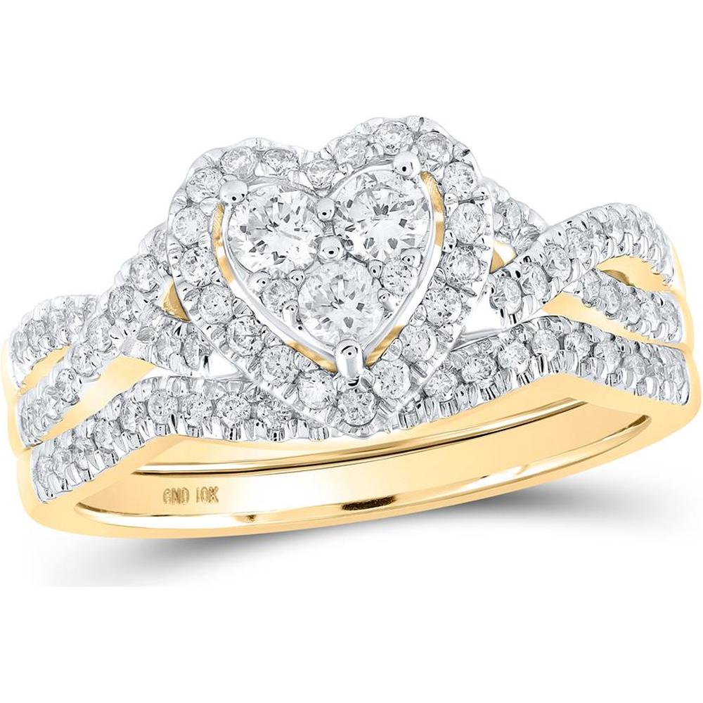 GND 10K Yellow Gold Wedding Ring Set with Heart-Shaped Prong and Pave Round Diamonds - 5/8 Total Carat Weight.