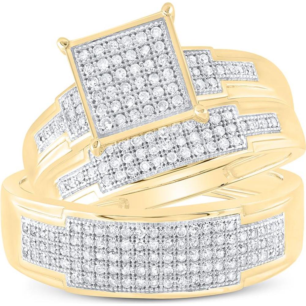 GND 10K Yellow Gold Wedding Ring Set with Pave-Set Round Diamonds and Square Design - 1/2 Total Carat Weight