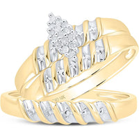 GND 10K Yellow Gold Wedding Ring Set with Prong-Set Round Diamond Cluster - 1/10 Total Carat Weight