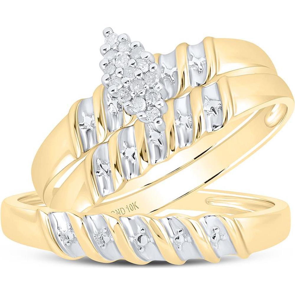 GND 10K Yellow Gold Wedding Ring Set with Prong-Set Round Diamond Cluster - 1/10 Total Carat Weight