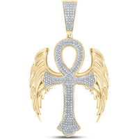 GND 10K Yellow Gold Winged Ankh Cross Pendant with Prong-Set Round Diamonds - 0.60 Carat Total Diamond Weight