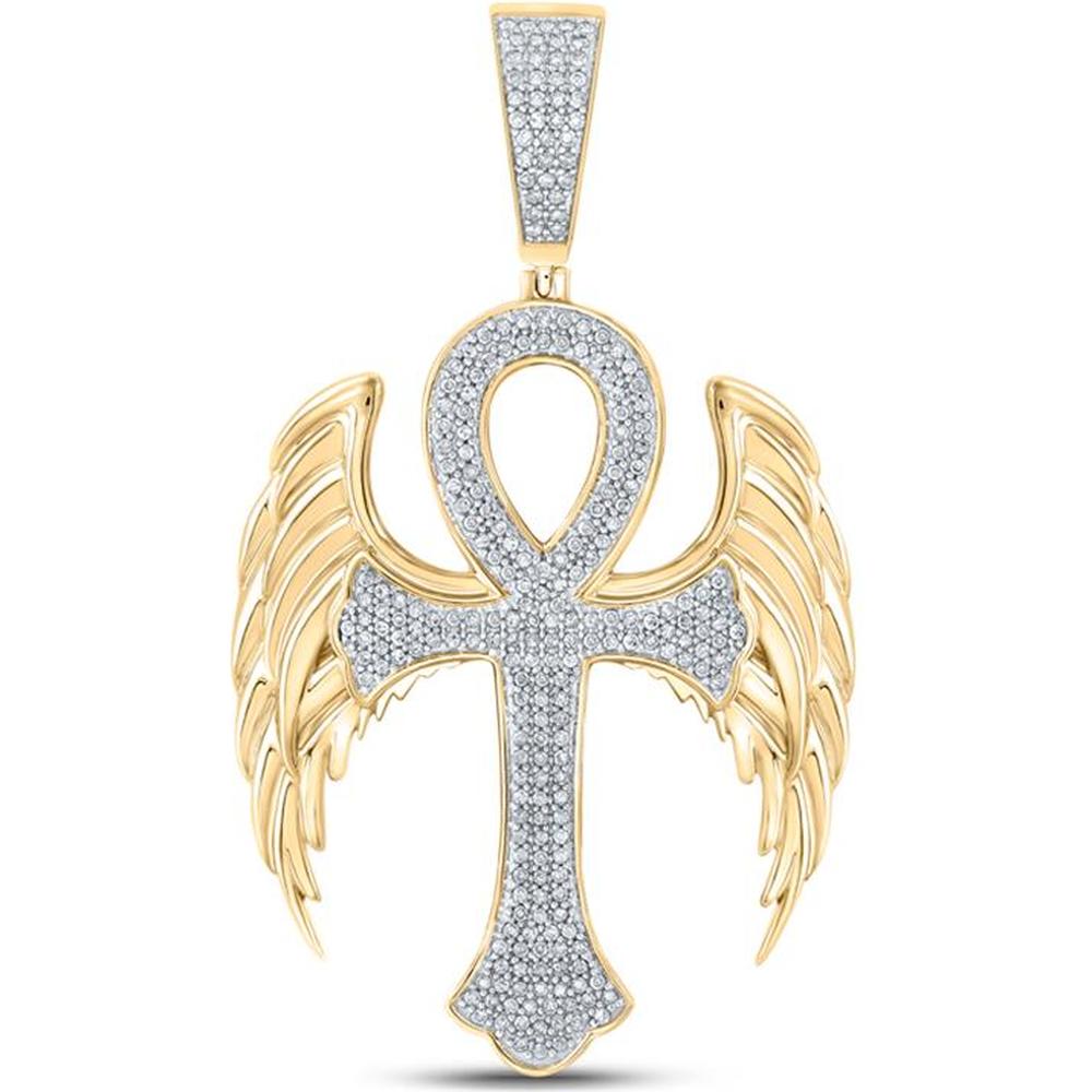 GND 10K Yellow Gold Winged Ankh Cross Pendant with Prong-Set Round Diamonds - 0.60 Carat Total Diamond Weight