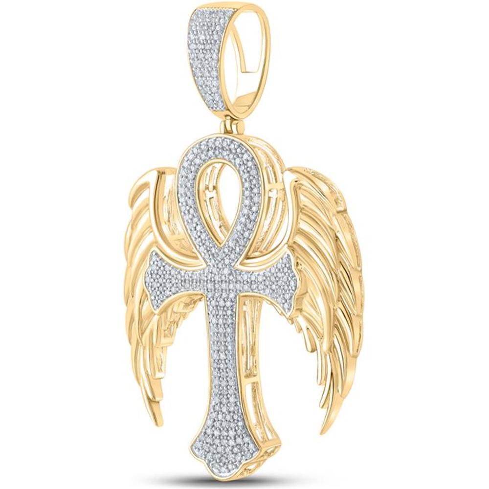 GND 10K Yellow Gold Winged Ankh Cross Pendant with Prong-Set Round Diamonds - 0.60 Carat Total Diamond Weight