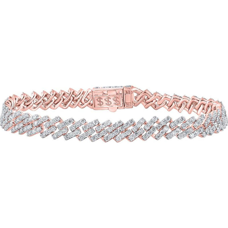 GND 14K Rose Gold 8.5-Inch Straight Cuban Link Bracelet with Prong Set Round Diamonds - 7.58 Carat Total Diamond Weight