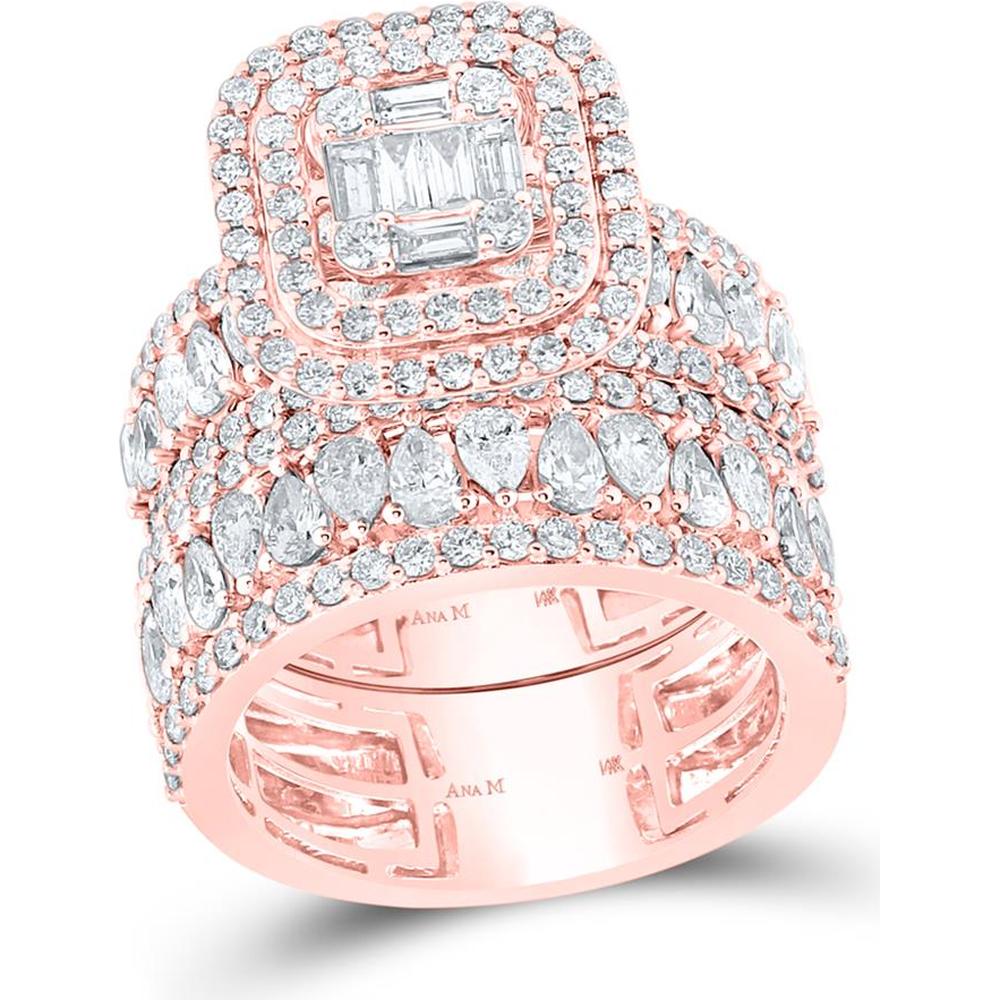 GND 14K Rose Gold Baguette and Pear Diamond Bridal Wedding Ring Set with 3.5 Carat Total Diamond Weight