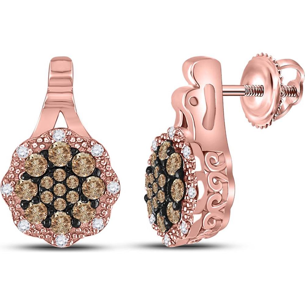 GND 14K Rose Gold Brown Diamond Cluster Earrings with Pave and Prong-Set Round Diamonds - 1/2 Total Carat Weight