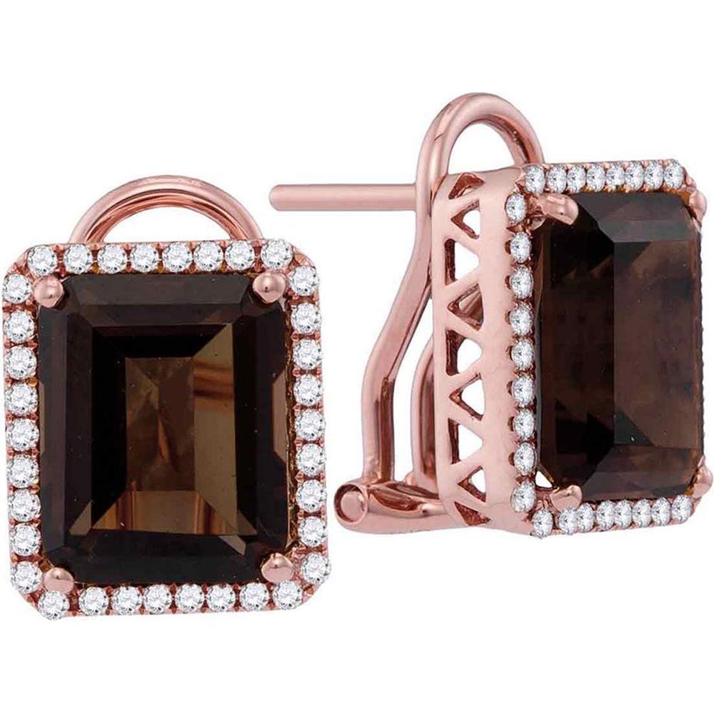GND 14K Rose Gold Emerald-Cut Smoky Quartz and Diamond Halo Stud Earrings - 6.88 Carat Total Gemstone Weight