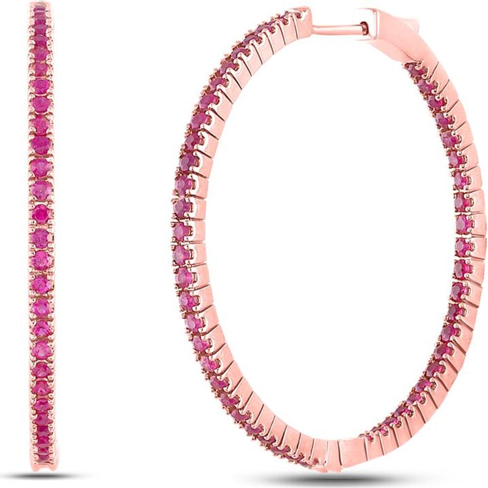 GND 14K Rose Gold Large Hoop Earrings with Prong-Set Round Rubies - 3.75 Carat Total Gemstone Weight
