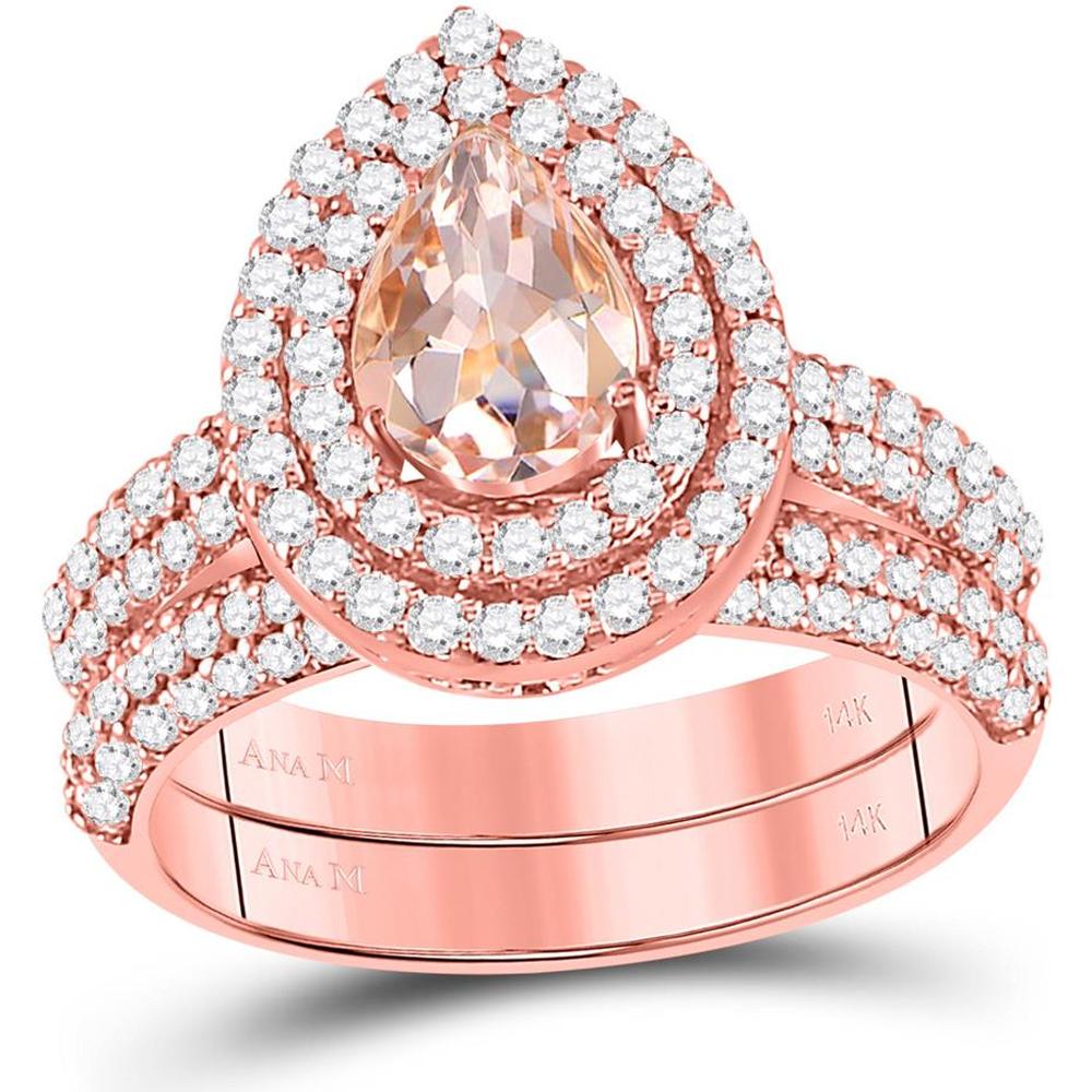 GND 14K Rose Gold Pear Morganite and Diamond Halo Bridal Wedding Ring Set - 1.87 Carat Total Weight