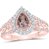 GND 14K Rose Gold Pear Morganite and Diamond Halo Solitaire Ring - 0.50 Carat Total Gem Weight