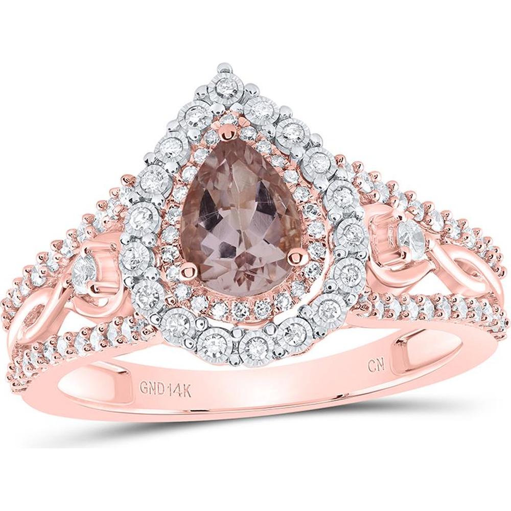 GND 14K Rose Gold Pear Morganite and Diamond Halo Solitaire Ring - 0.50 Carat Total Gem Weight