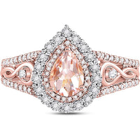 GND 14K Rose Gold Pear Morganite and Diamond Halo Solitaire Ring - 0.50 Carat Total Gem Weight