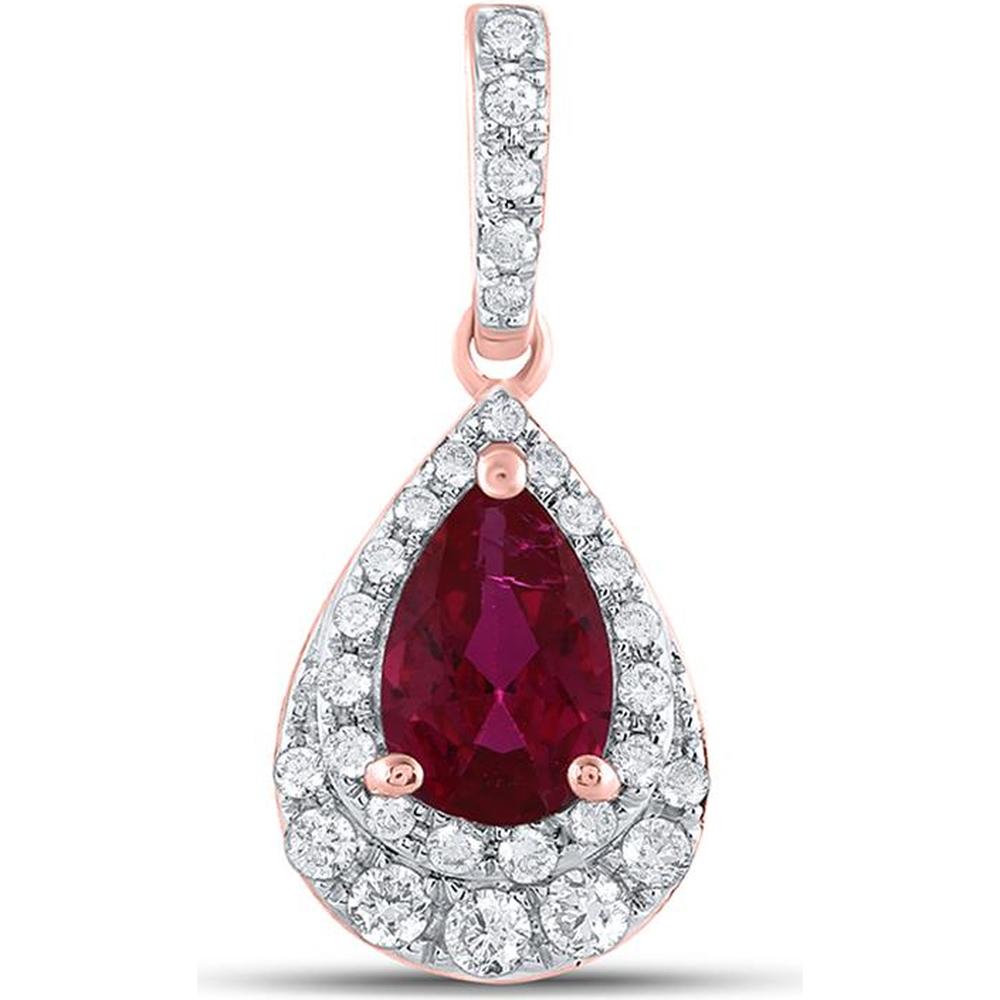 GND 14K Rose Gold Pear Ruby and Diamond Halo Pendant - 0.48 Carat Ruby and 0.22 Carat Total Diamond Weight