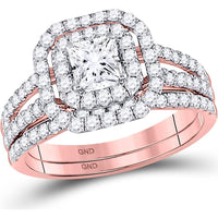 GND 14K Rose Gold Princess Diamond Bridal Wedding Ring Set with Halo of Pave Diamonds - 1.50 Carat Total Diamond Weight
