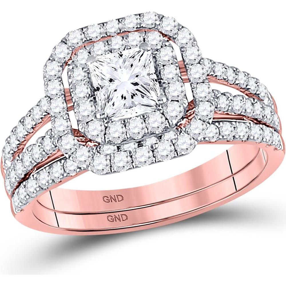 GND 14K Rose Gold Princess Diamond Bridal Wedding Ring Set with Halo of Pave Diamonds - 1.50 Carat Total Diamond Weight