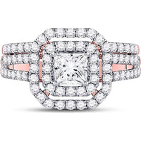 GND 14K Rose Gold Princess Diamond Bridal Wedding Ring Set with Halo of Pave Diamonds - 1.50 Carat Total Diamond Weight