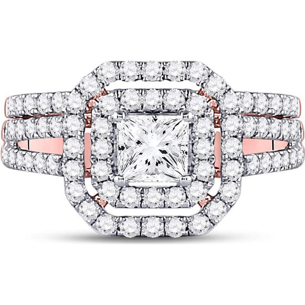 GND 14K Rose Gold Princess Diamond Bridal Wedding Ring Set with Halo of Pave Diamonds - 1.50 Carat Total Diamond Weight