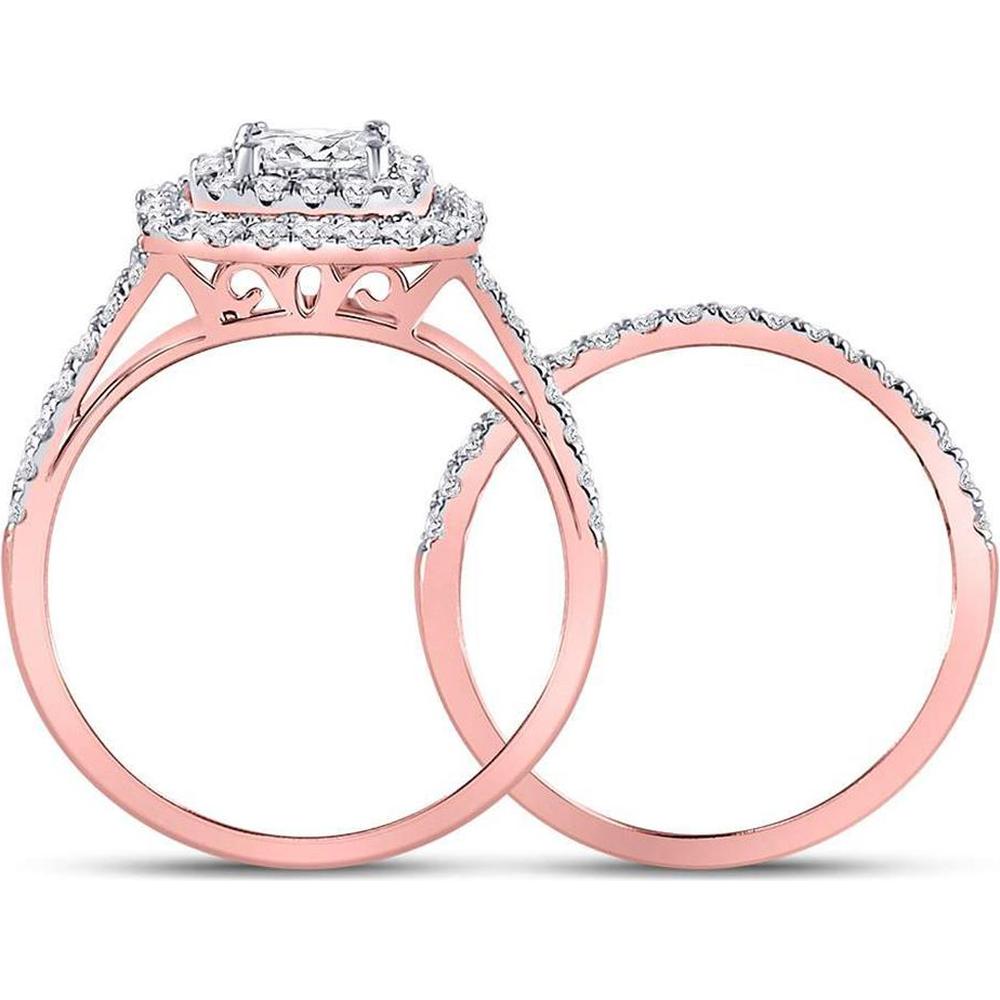 GND 14K Rose Gold Princess Diamond Bridal Wedding Ring Set with Halo of Pave Diamonds - 1.50 Carat Total Diamond Weight