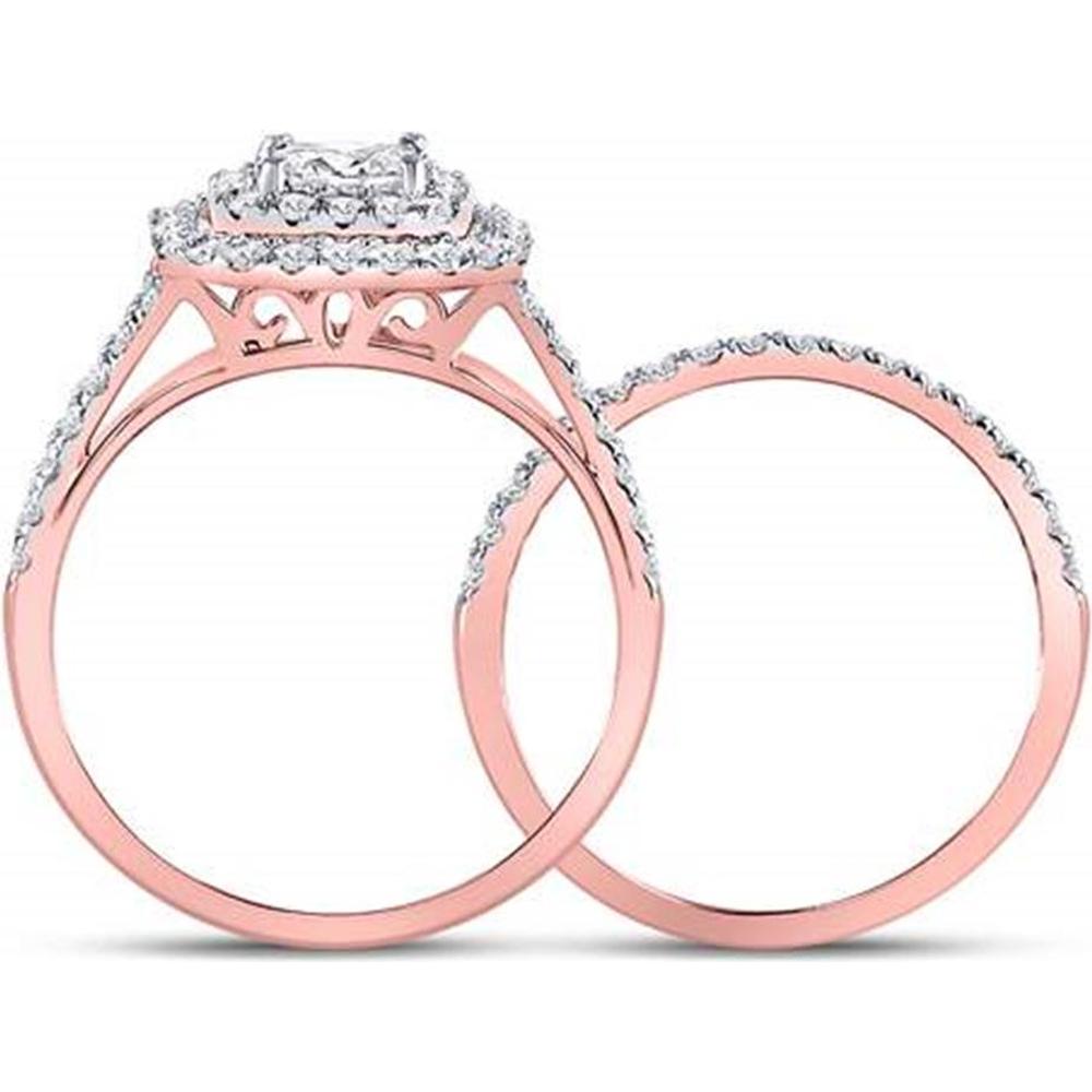 GND 14K Rose Gold Princess Diamond Bridal Wedding Ring Set with Halo of Pave Diamonds - 1.50 Carat Total Diamond Weight