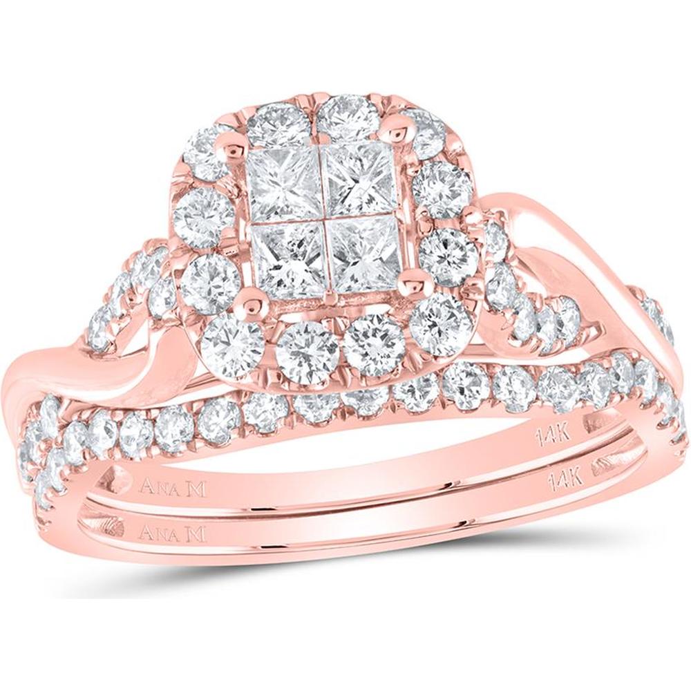 GND 14K Rose Gold Princess Diamond Halo Bridal Wedding Ring Set - 1 Carat Total Diamond Weight