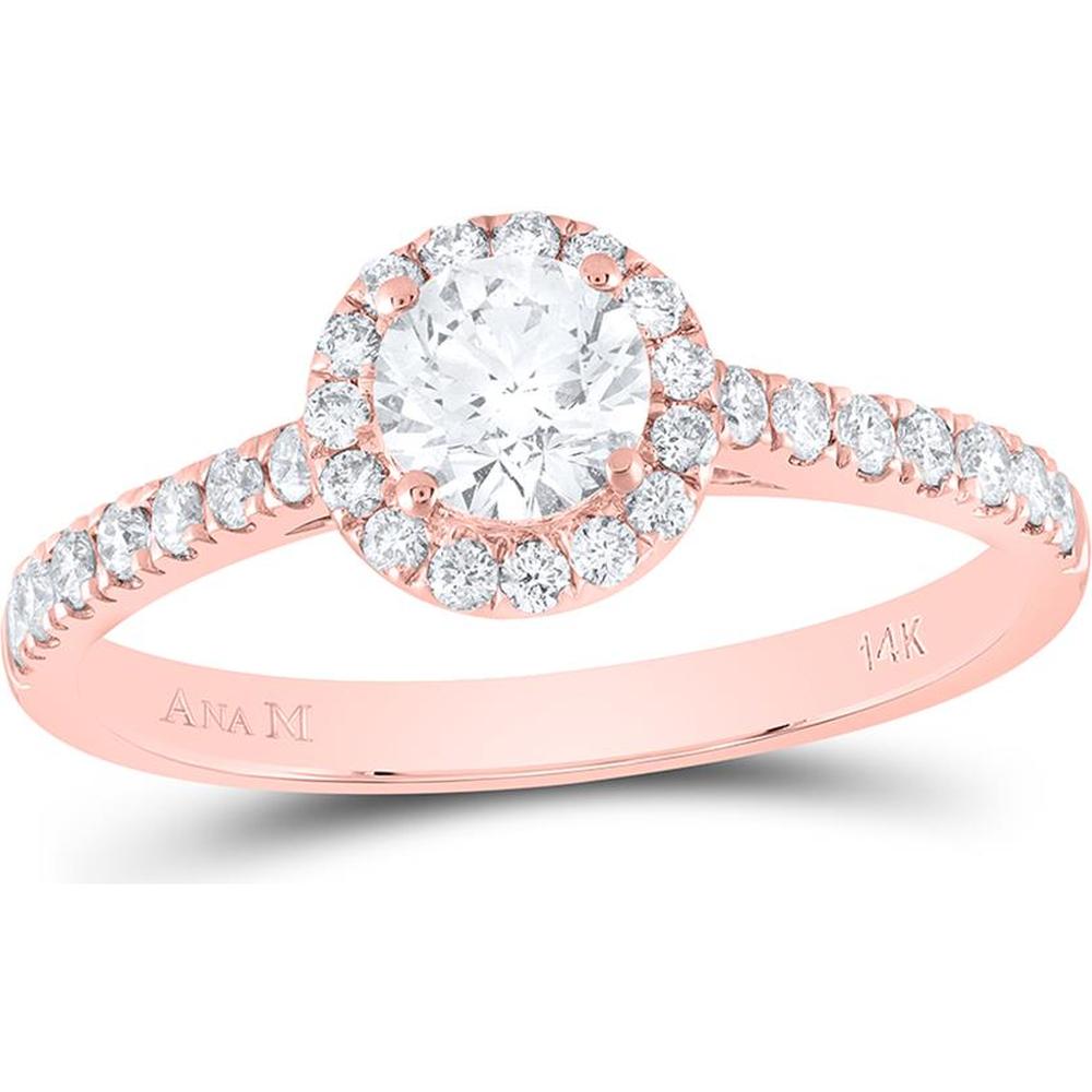 GND 14K Rose Gold Round Diamond Solitaire Bridal Engagement Ring with Pave-Set Diamonds - 7/8 Carat Total Carat Weight