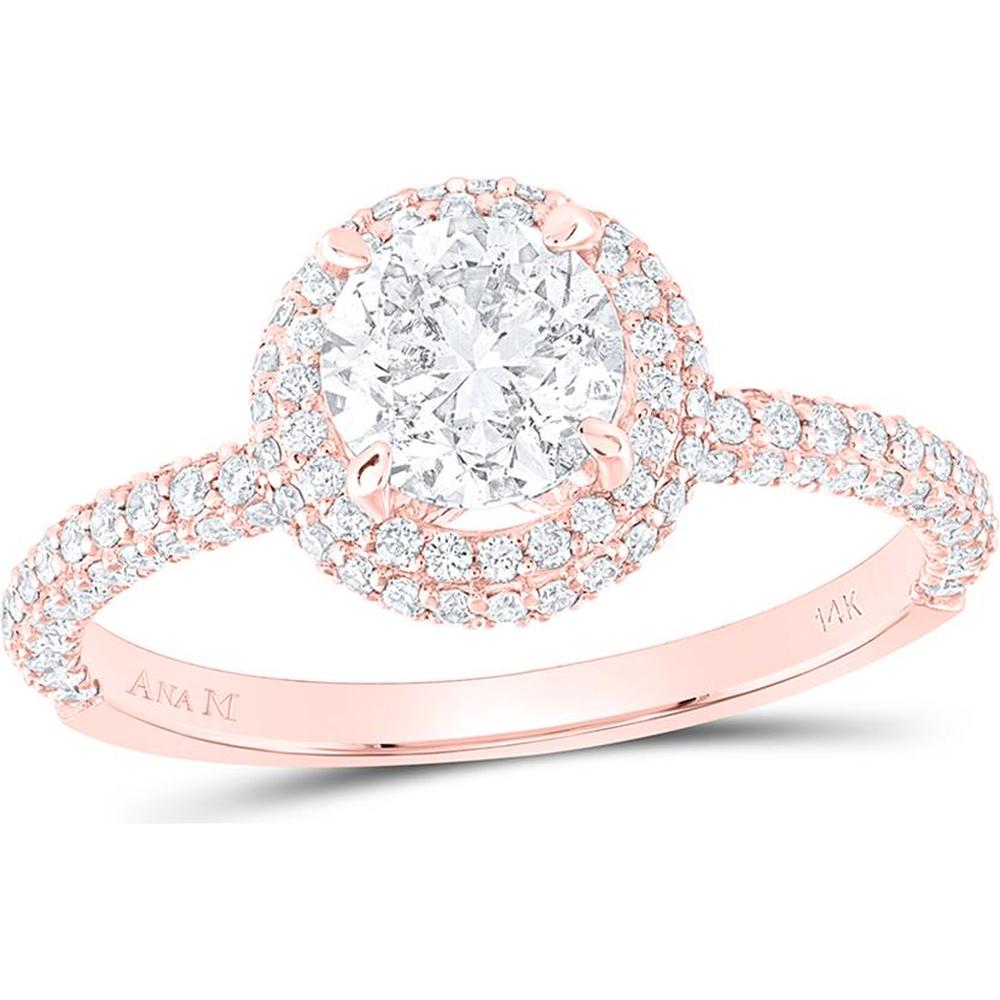 GND 14K Rose Gold Round Halo Diamond Bridal Engagement Ring - 1-5/8 Carat Total Diamond Weight