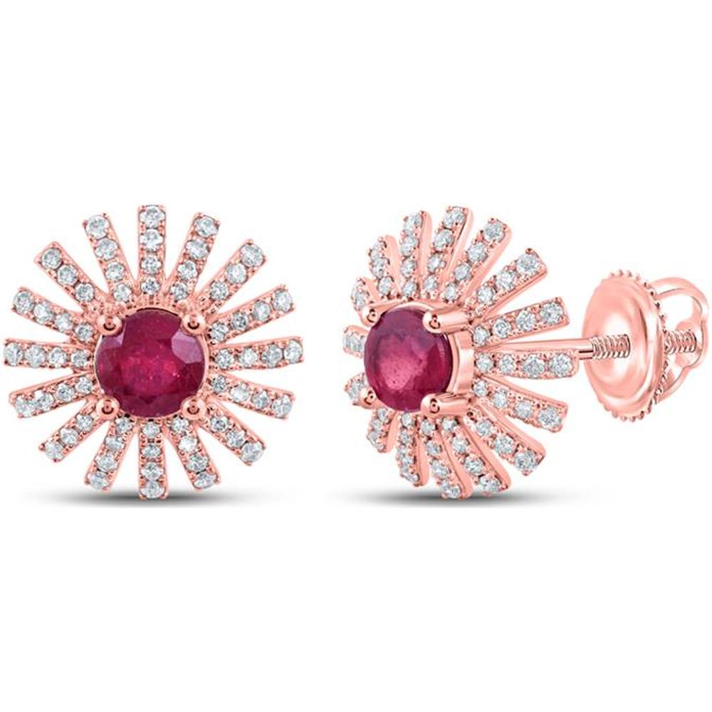 GND 14K Rose Gold Round Ruby and Diamond Fan Earrings - 1.38 Carat Total Gemstone Weight
