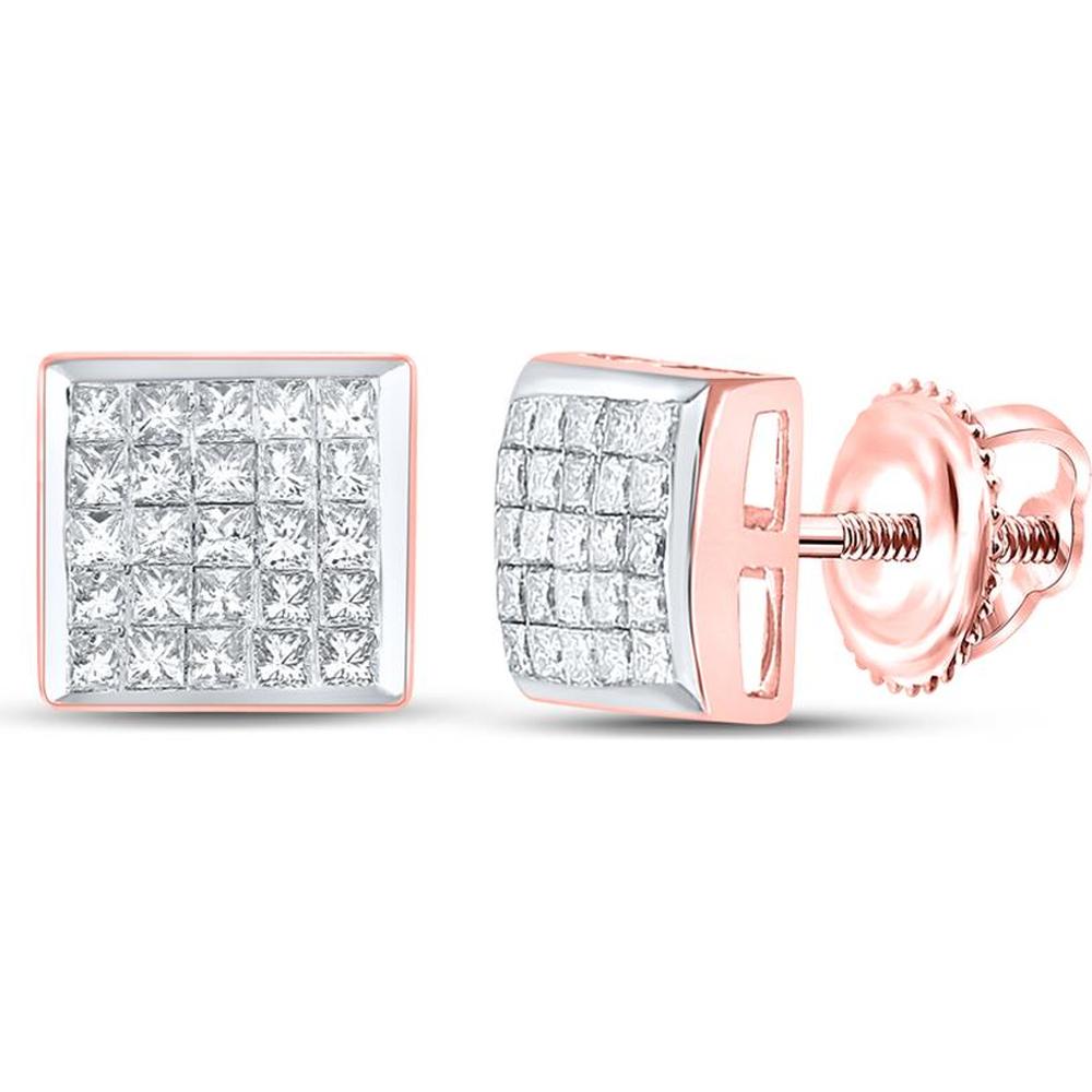 GND 14K Rose Gold Square Stud Earrings with Invisible-Set Princess Diamonds - 5/8 Total Carat Weight