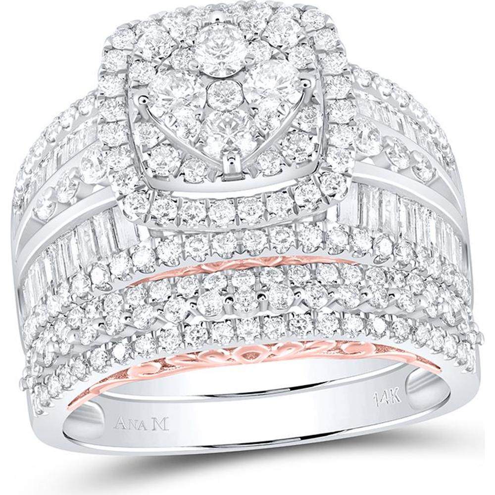 GND 14K Two-Tone Gold 2-1/2 Carat Total Weight Round and Baguette Diamond Bridal Wedding Ring Set