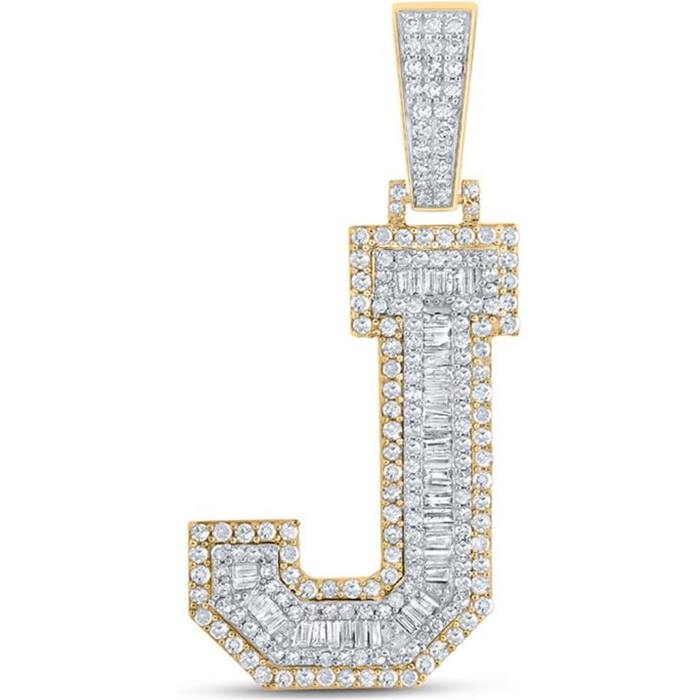 GND 14K Two-Tone Gold Baguette and Round Diamond J Initial Charm Pendant - 1.38 Carat Total Diamond Weight