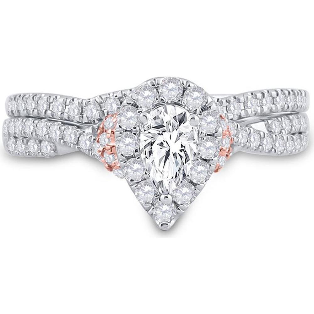 GND 14K Two-Tone Gold Bridal Set with Pear-Shaped Diamond and Round Prong-Set Diamonds - 1.00 Carat Total Diamond Weight